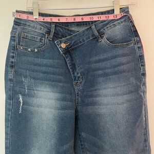 Crossover waist cuffed Blue Women's Jeans